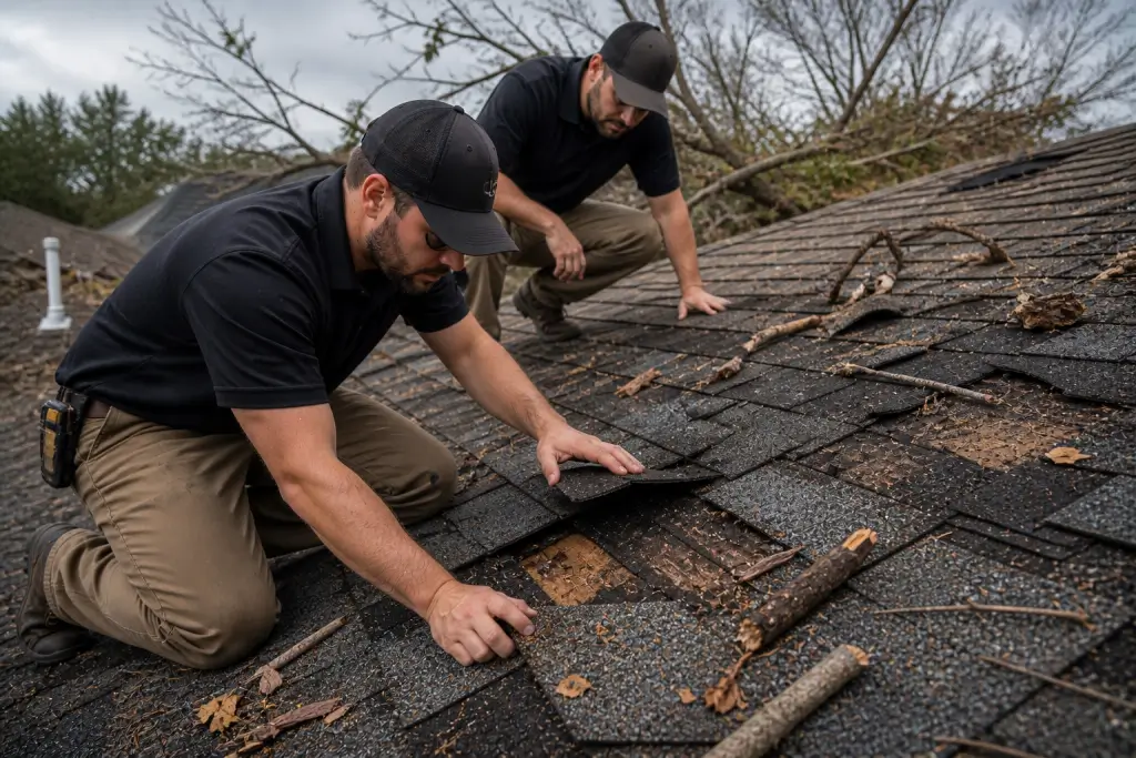 Roofers inspecting storm damage on roof with missing shingles and debris.