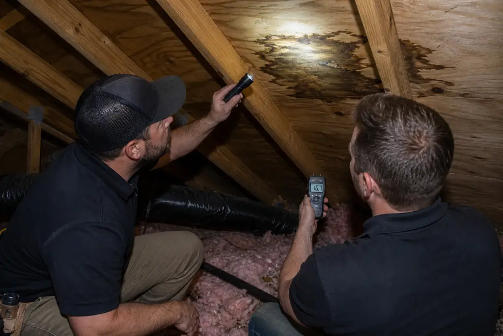 Roofers checking attic for moisture and interior roof leak signs.