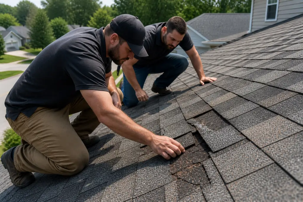 Roofers inspecting damaged shingles and surface wear on a residential roof.